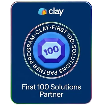 Clay First 100 Solutions Partner Program certification badge featuring a blue gem with the number 100.