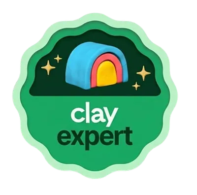 Official Clay Expert certification badge with a green wavy border and a colorful clay arch logo.
