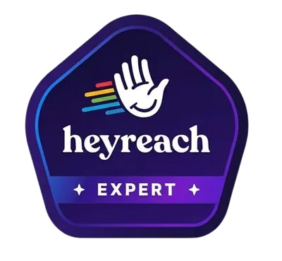 Heyreach Expert certification badge with a waving hand logo and a purple pentagon shape.