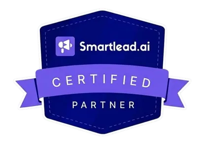Smartlead.ai Certified Partner badge in dark blue shield design with a purple ribbon banner.